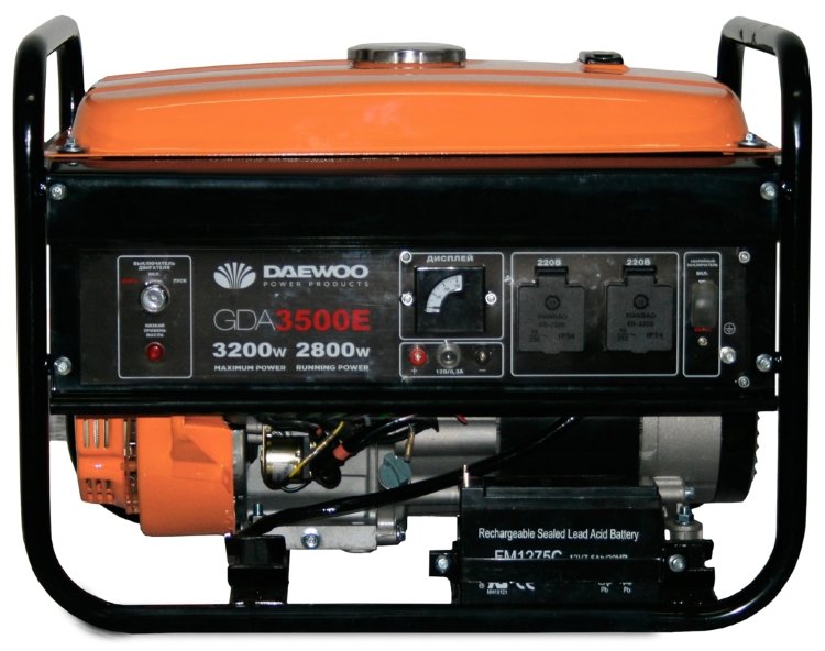 Генератор бензиновый DAEWOO GDA 3500E, бензогенератор 2.8/3.2 кВт, 230В, 208см3, 7.0 л.с., 15л., 2х230В, 1х12В, 42кг., электрозапуск, счетчик моточасов (на фото не представлен)