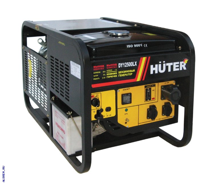 Генератор Huter DY12500LX бензиновый (электрогенератор) с колесами Huter DY12500LX служит в качестве альтернативного источника тока для обеспечения работы электроприборов с общей мощностью потребления до 8,5кВт а максимальная мощность составляет 12,5кВт