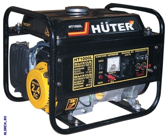 Генератор Huter HT1000L бензиновый Электрогенератор Huter HT1000L -  небольшое устройство для питания электроприборов при выезде на пикник или на даче при максимальной суммарной мощности электроприборов равной 1.0 кВт, при напряжении 220 В