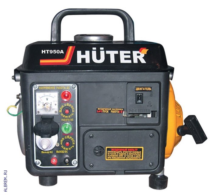 Генератор  Huter HT950A бензиновый Бензиновый генератор Huter HT950A имеет компактные габаритные размеры и малый вес, а также снабжен практичной транспортировочной рукояткой
